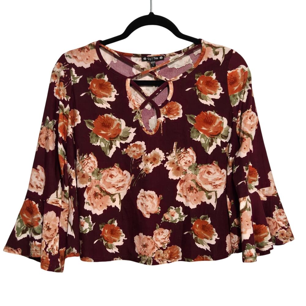 Try‎ This Womens Dark Floral Fairy Grunge Bell Sleeve Top Size L Feminine Dainty